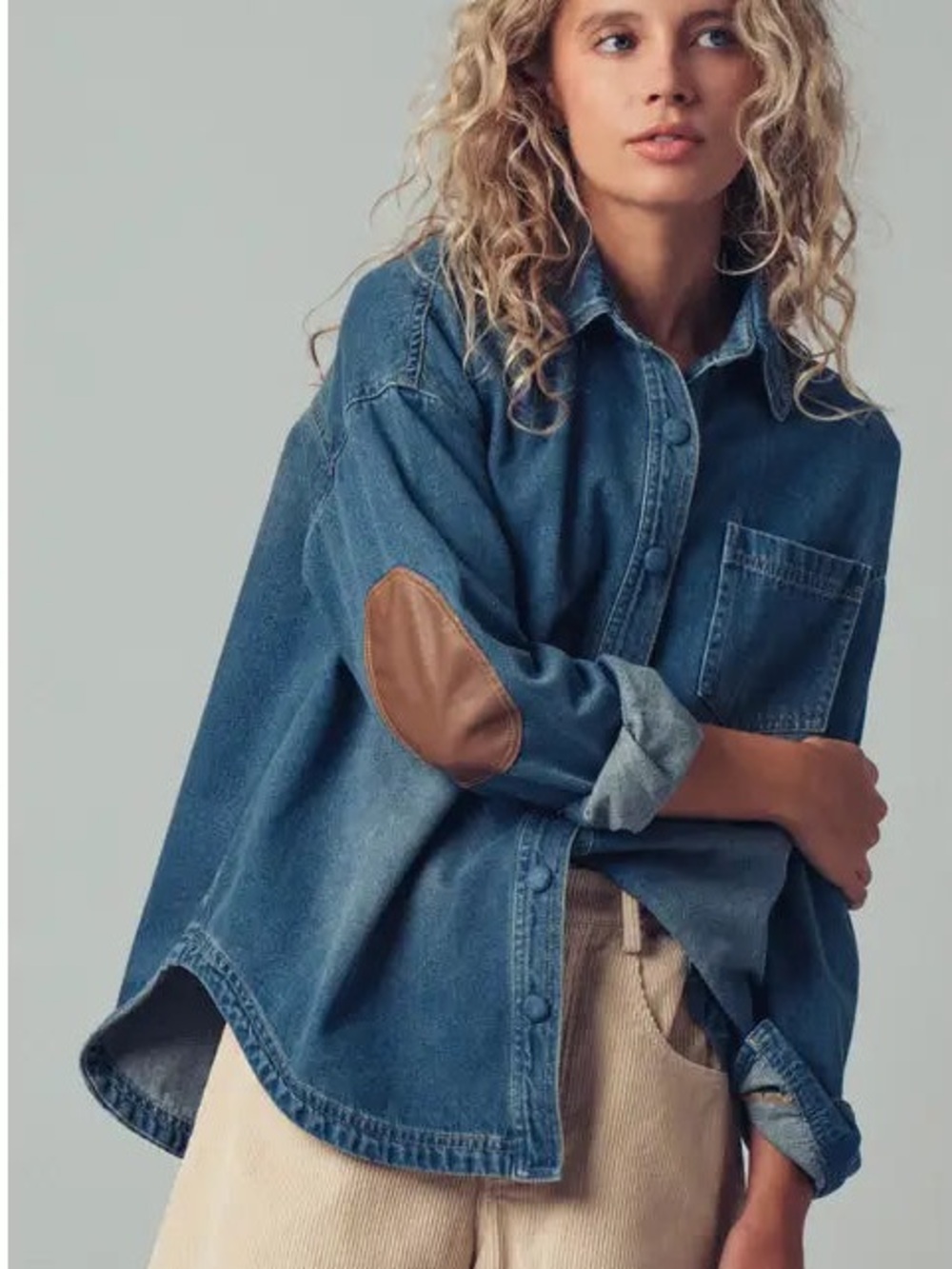 Urban Daizy Denim Button-Front Shirt with Brown Elbow Patches